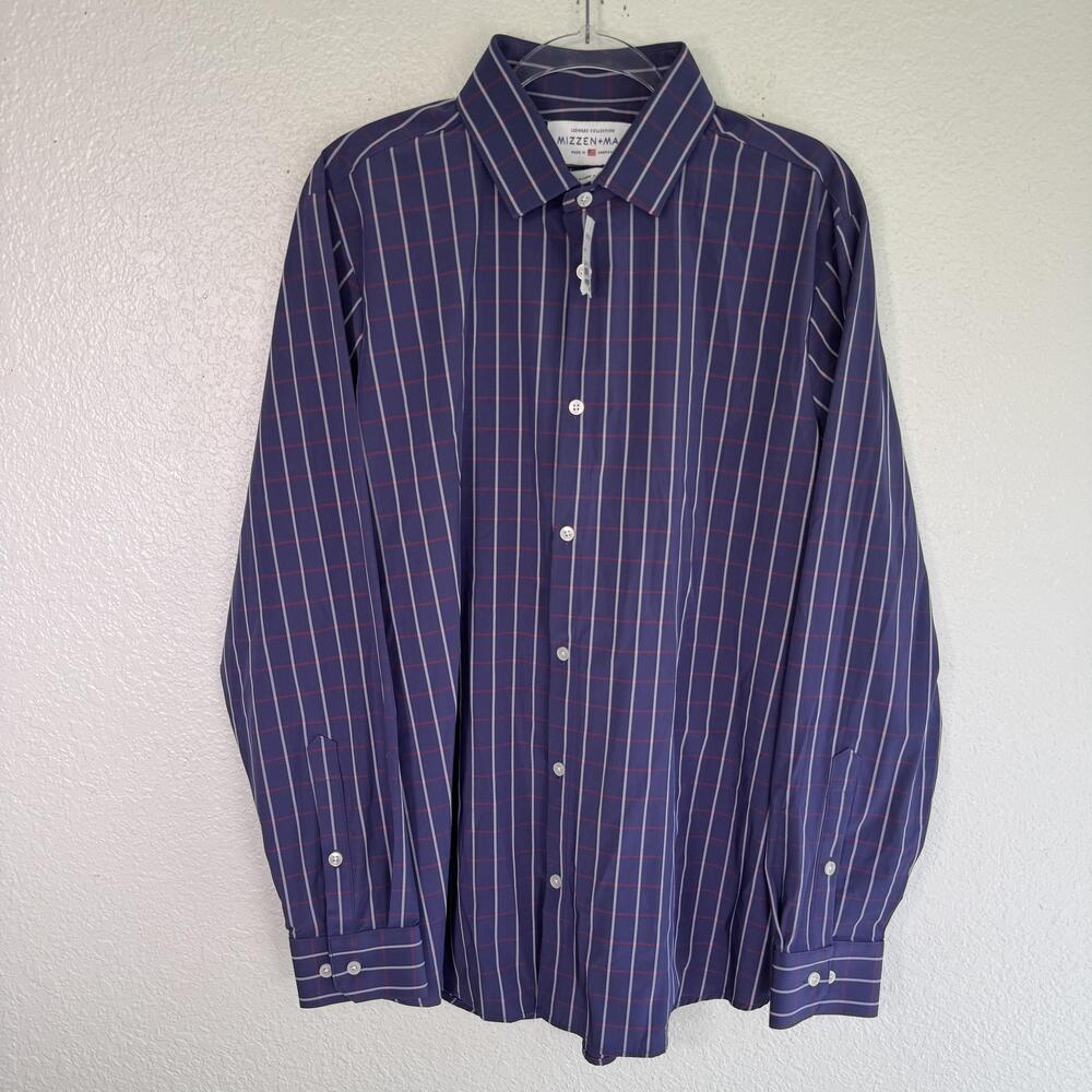 Mizzen + Main Shirt Mens XL Trim Fit Leeward Plaid Button Up Blue Stretch USA